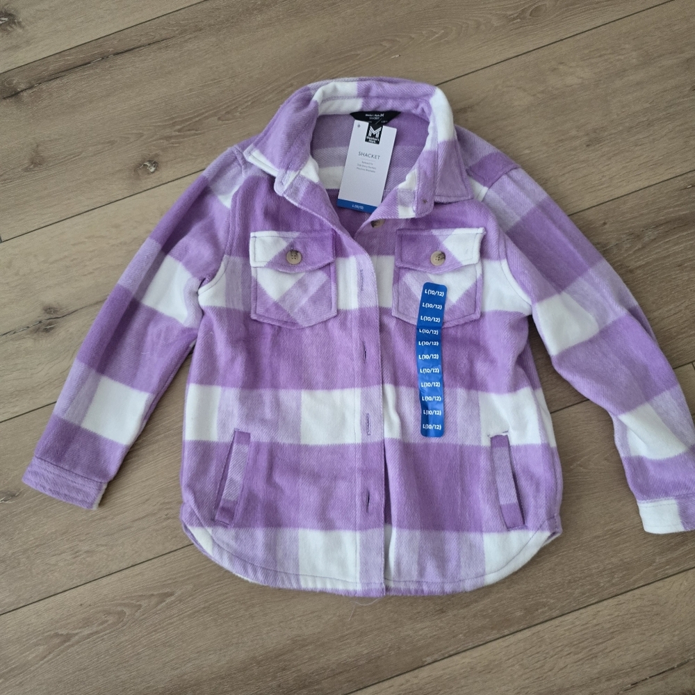 NWT Member's Mark Girl's Relaxed Fit Plaid Shacket Purple Plaid - Picture 2 of 8